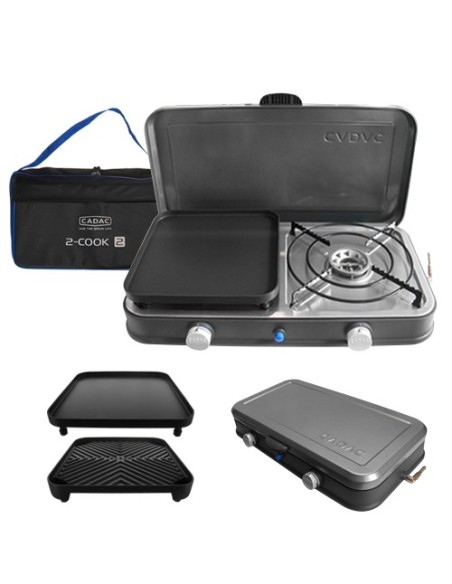FORNELLO CADAC 2 COOK CON 2 FUOCHI E 2 PIASTRE COLORE NERO,COMPLETO DI SACCA