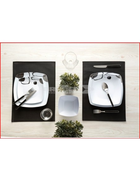 SET IN MELAMINA 16 PEZZI MODELLO ENIGMA BIANCO E NERO PER 4 PERSONE