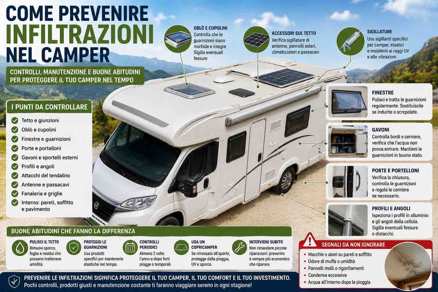 Come prevenire infiltrazioni nel camper: guida pratica per proteggere tetto, finestre, oblò e pareti